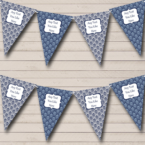 White Blue And Navy Floral Damask Custom Personalised Retirement Party Flag Banner Bunting