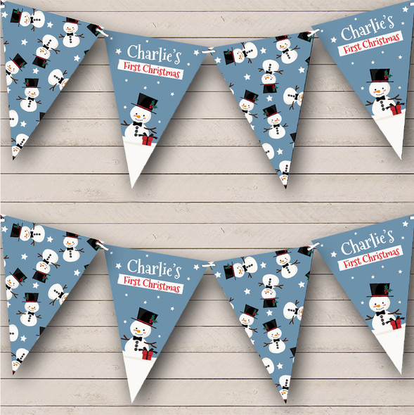 First Christmas Blue Snowman Personalised Christmas Banner Decoration Bunting