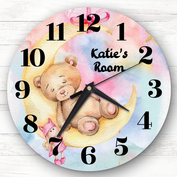 Watercolour Rainbow Girls Room Sleepy Bear Custom Gift Personalised Clock