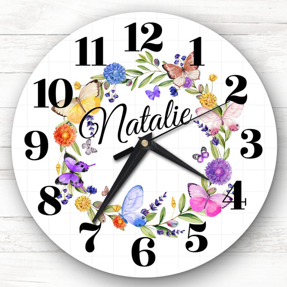 Butterflies Floral Wreath Girl's Room Custom Gift Personalised Clock