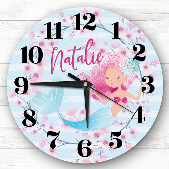 Floral Pink Hair Mermaid Girls Room Custom Gift Personalised Clock