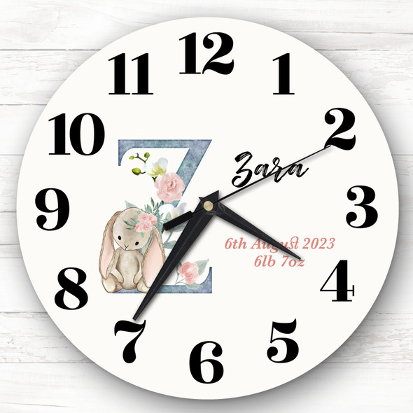 Baby Floral Watercolour Animal Alphabet Letter Z Gift Personalised Clock