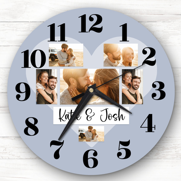 Couple Love Heart Photos Dusky Blue Romantic Gift Personalised Clock