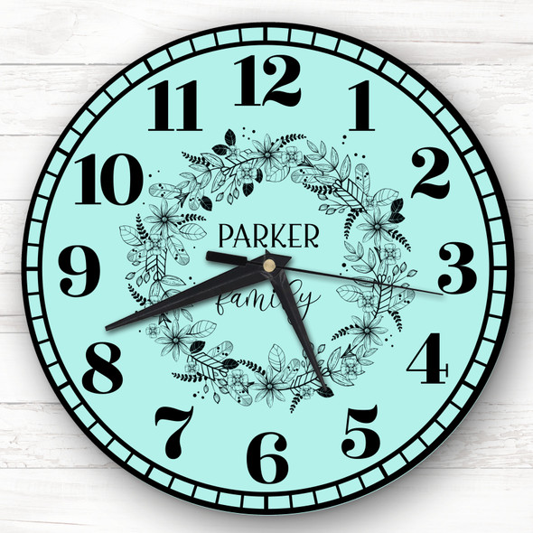 Mint Blue Black Floral Wreath Family Name Personalised Gift Personalised Clock