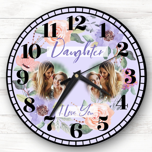 Daughter I Love You Photo Flowers Purple Personalised Gift Personalised Clock