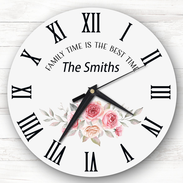 Watercolour Pink Roses Grey Family Name Personalised Gift Personalised Clock