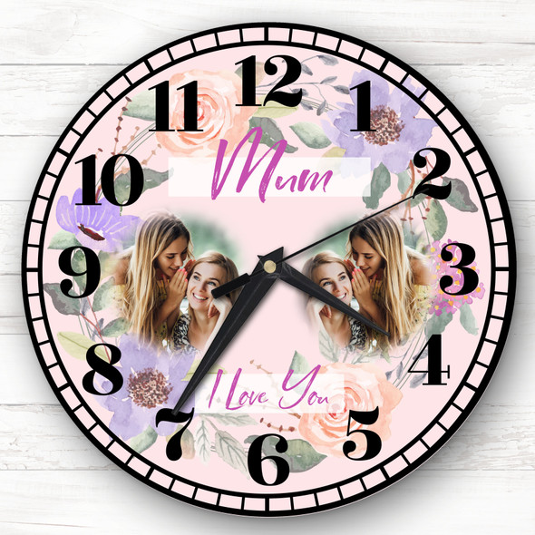 Mum I Love You Photo Flowers Pale Pink Personalised Gift Personalised Clock