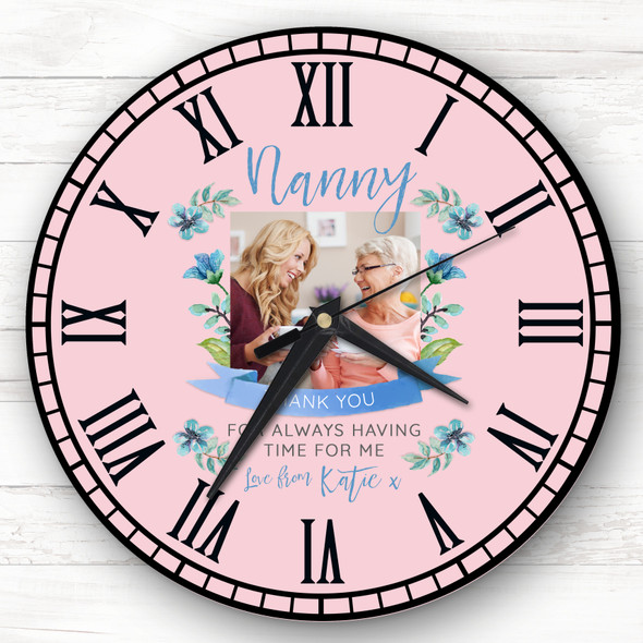 Nanny Photo Flowers Pink & Blue Banner Personalised Gift Personalised Clock