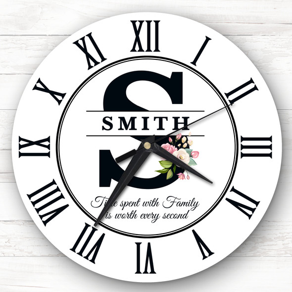 White Floral Family Name Any Initial Personalised Gift Personalised Clock