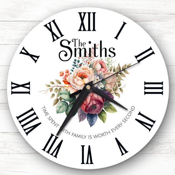 White Background Floral Family Name Personalised Gift Personalised Clock
