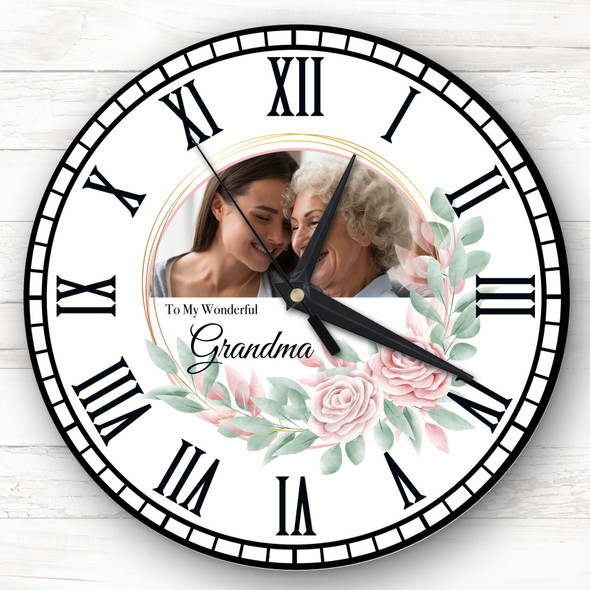 Wonderful Grandma Round Pink Floral Personalised Gift Personalised Clock