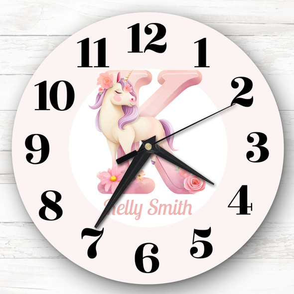 Pink Unicorn Alphabet Letter K Personalised Gift Personalised Clock