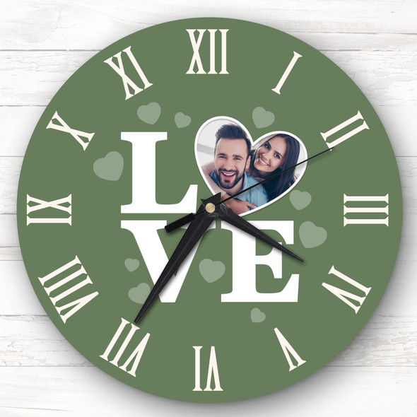 Sage Green Background Love Photo Anniversary Valentine's Gift Personalised Clock