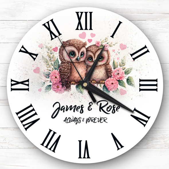 Floral Owl Couple Romantic Anniversary Valentine's Day Gift Personalised Clock