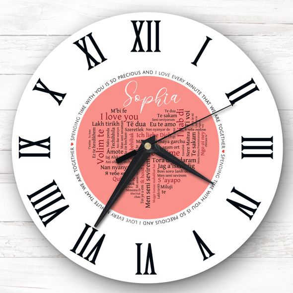 Pink I Love You In Languages Anniversary Valentine's Gift Personalised Clock