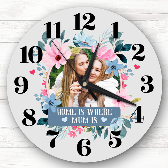 Home Is Where Mum Is Photo Flower Mother's Day Gift Grey Personalised Clock