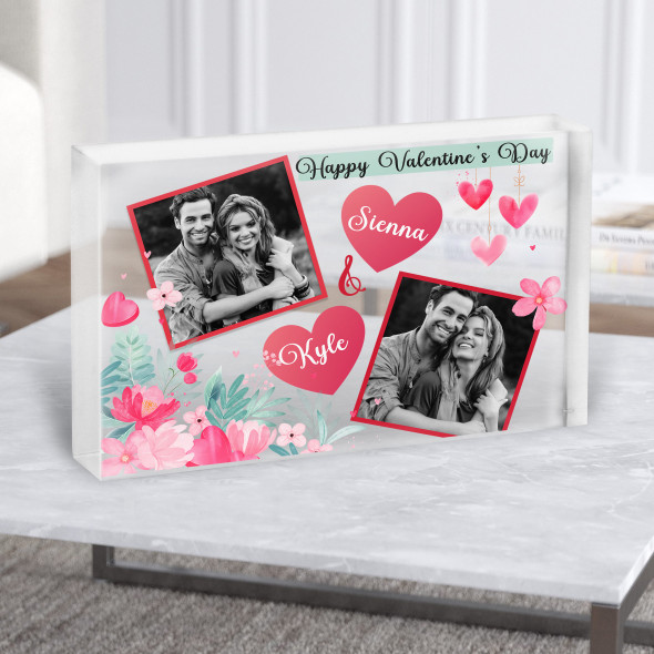 Floral Hearts Photo Frames Valentine's Gift Personalised Clear Acrylic Block