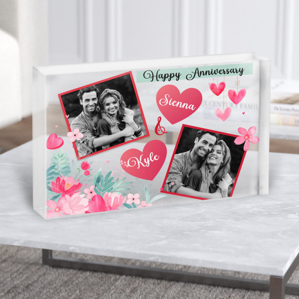 Floral Hearts Photo Frames Anniversary Gift Personalised Clear Acrylic Block