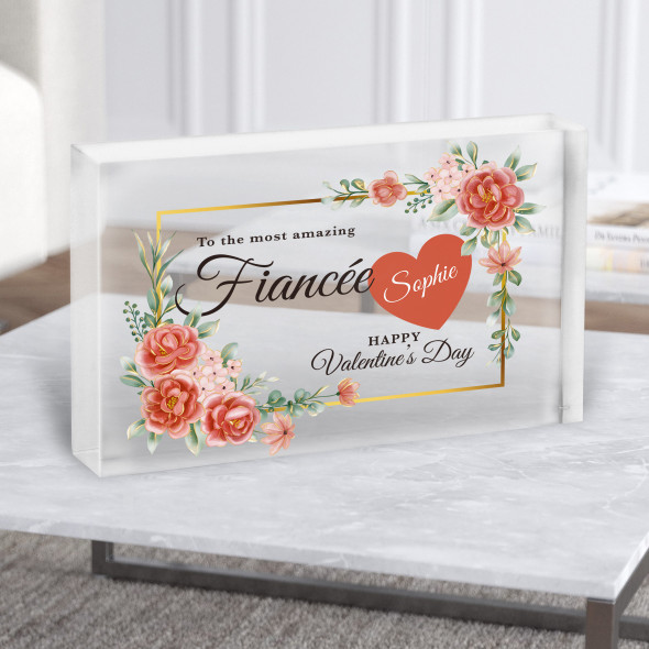 Valentine's Gift For Fiancée Red And Gold Floral Custom Clear Acrylic Block