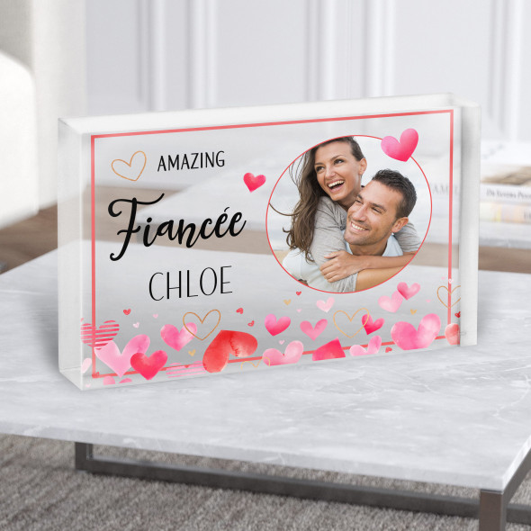 Amazing Fiancée Gift Red Hearts Circle Photo Personalised Clear Acrylic Block
