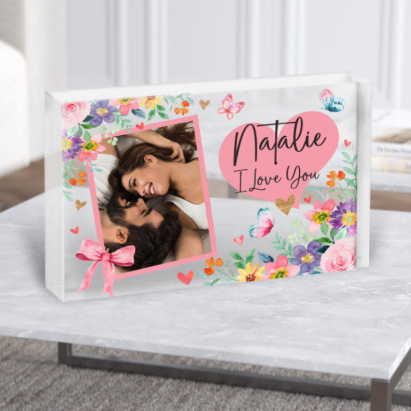 Pink Photo Watercolour Floral Romantic Gift Personalised Clear Acrylic Block