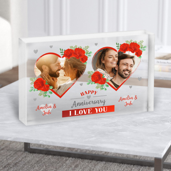 Rose Heart Photo Anniversary Gift Personalised Clear Acrylic Block