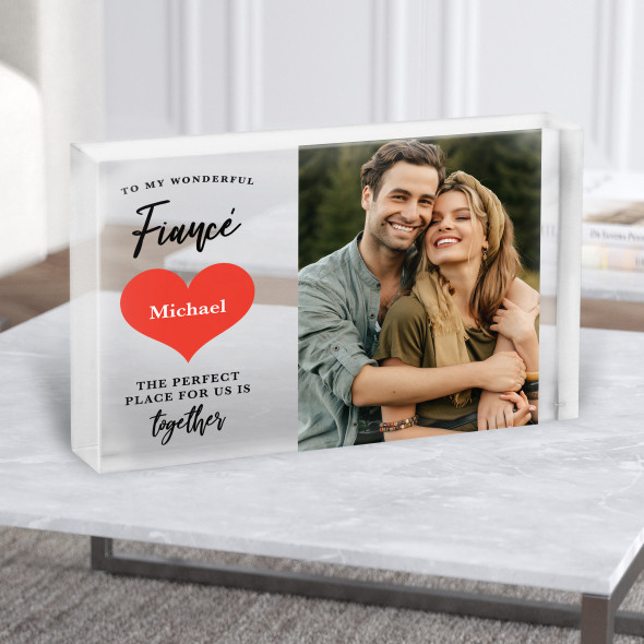 Romantic Gift For Fiancé Red Heart Photo Personalised Clear Acrylic Block