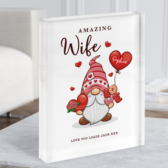 Romantic Gift For Wife Gnome With Love Heart Personalised Acrylic Block