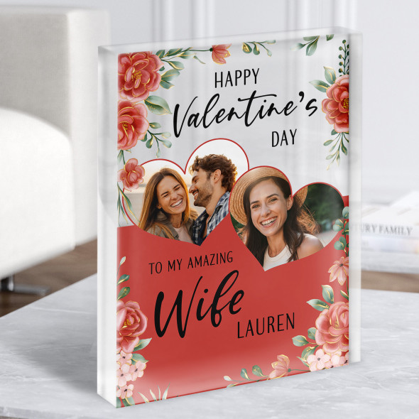 Valentine's Gift For Wife Hearts Photo Red Floral Custom Clear Acrylic Block