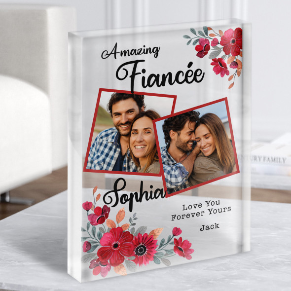 Romantic Gift For Fiancée Red Floral Photo Personalised Clear Acrylic Block