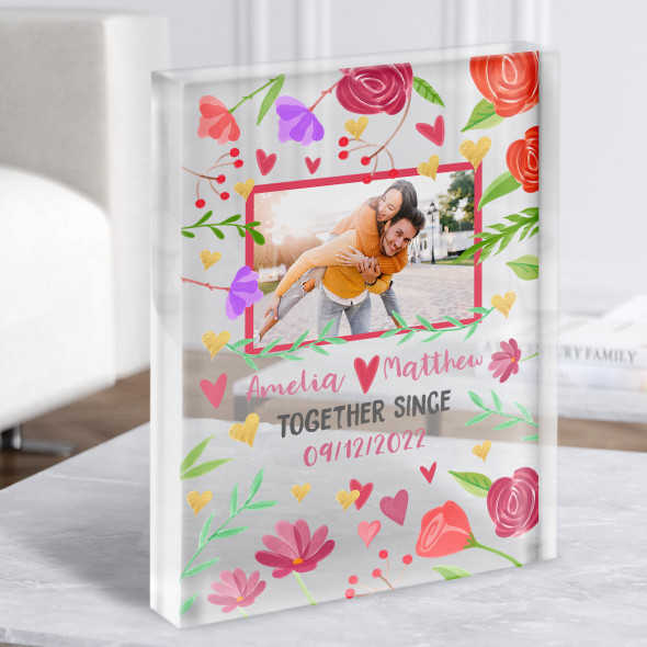 Together Since Flower Romantic Photo Gift Personalised Clear Acrylic Block