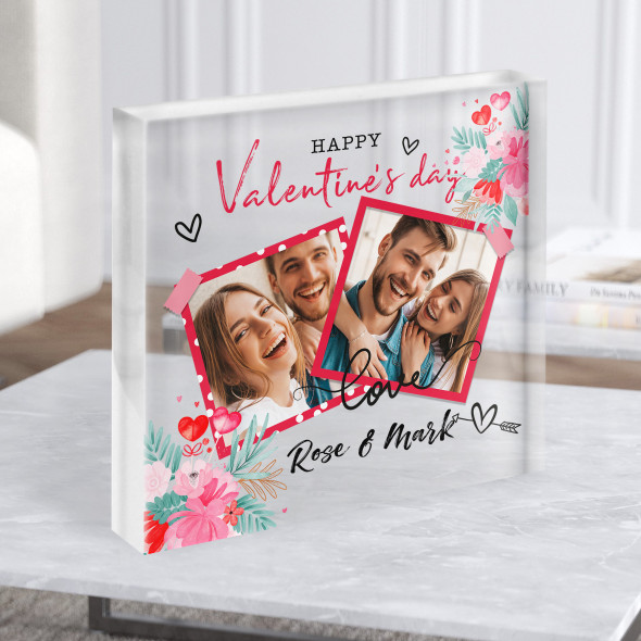 Pink Floral Valentine's Day Photo Gift Personalised Clear Square Acrylic Block