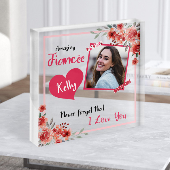 Fiancée Watercolour Floral Photo Romantic Gift Custom Clear Square Acrylic Block