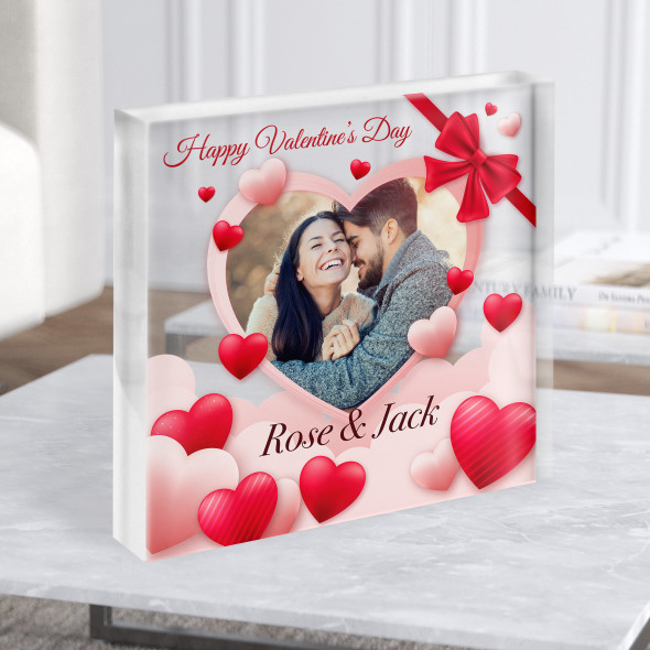 Red Bow Heart Photo Gift Frame Personalised Clear Square Acrylic Block