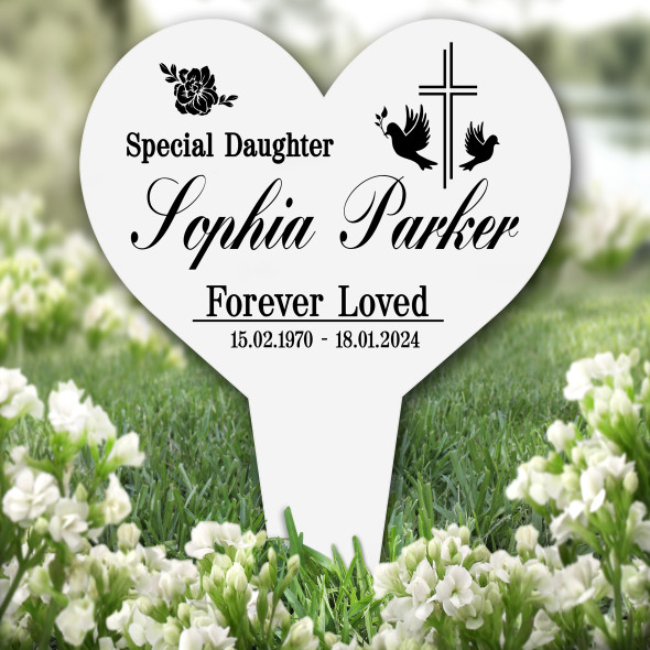 Heart Daughter Cross With Doves Remembrance Garden Plaque Grave Memorial Stake