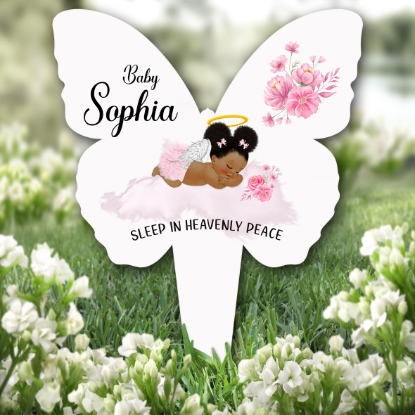 Butterfly Curly Hair Dark Skin Baby Girl Pink Grave Garden Plaque Memorial Stake