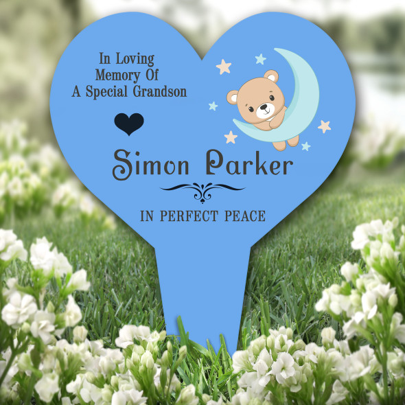Heart Grandson Baby Bear Moon & Stars Blue Grave Garden Plaque Memorial Stake
