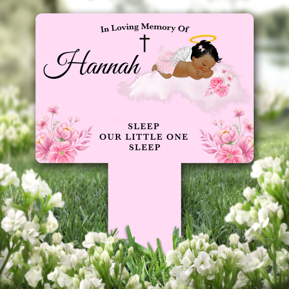 Dark Skin Brown Baby Girl Pink Remembrance Grave Garden Plaque Memorial Stake