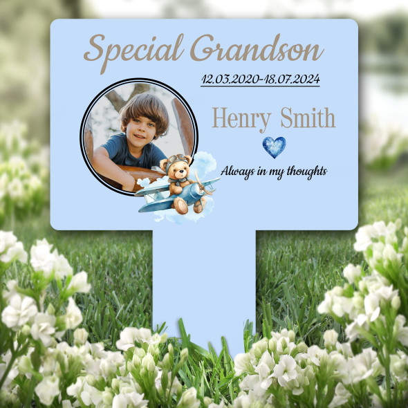 Grandson Teddy Bear Flying Plane Photo Blue Grave Garden Plaque Memorial Stake