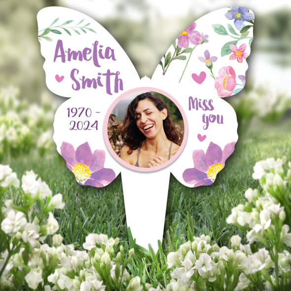 Butterfly Miss You White Flower Photo Remembrance Grave Plaque Memorial Stake