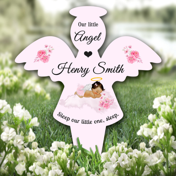 Angel Pink Brown Hair Baby Girl Wings Remembrance Grave Plaque Memorial Stake