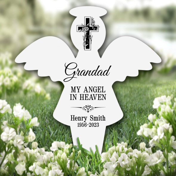 Angel Grandad Floral Black Cross Remembrance Garden Plaque Grave Memorial Stake