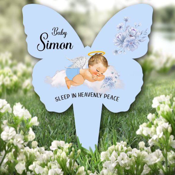 Butterfly Blue Blonde Hair Baby Boy Remembrance Plaque Grave Memorial Stake