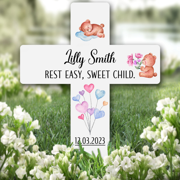 Cross Watercolour Teddy Bear Remembrance Garden Plaque Grave Memorial Stake