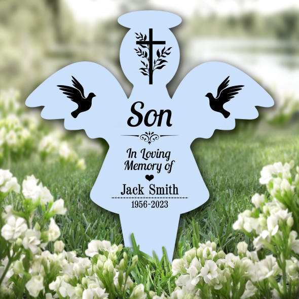 Angel Blue Son Black Doves Cross Remembrance Garden Plaque Grave Memorial Stake