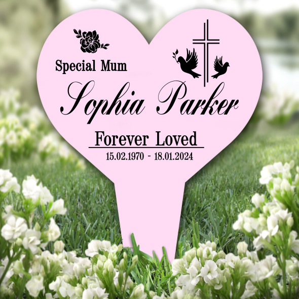 Heart Mum Cross With Doves Pink Remembrance Garden Plaque Grave Memorial Stake