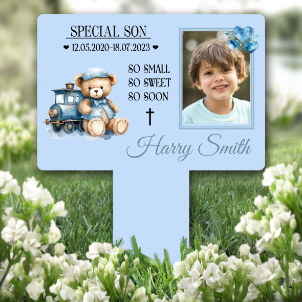 Son Teddy Bear Train Photo Blue Remembrance Grave Garden Plaque Memorial Stake