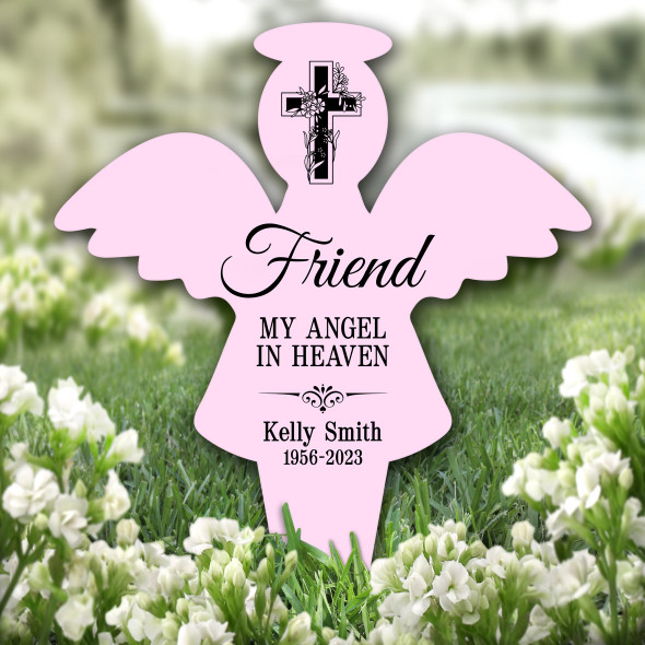 Angel Pink Friend Black Cross Remembrance Garden Plaque Grave Memorial Stake