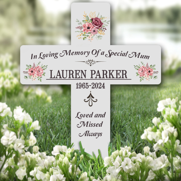 Cross Mum Grey Pink Floral Remembrance Garden Plaque Grave Marker Memorial Stake