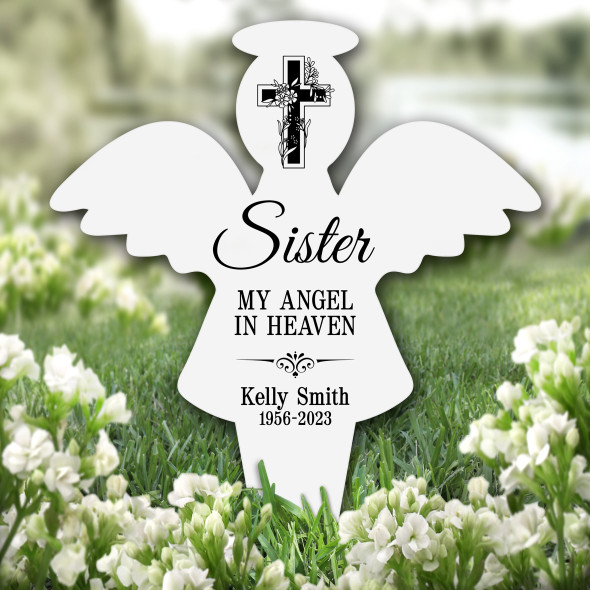 Angel Sister Floral Black Cross Remembrance Garden Plaque Grave Memorial Stake